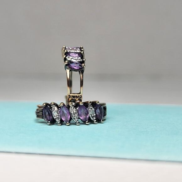 Sterling Silver 925 Marquise Cut Amethyst Diamond Chip Hoop Circle Earrings - Picture 9 of 11